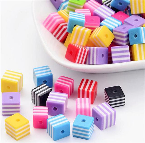 50 STRIPED CUBE SQUARE RESIN ACRYLIC BEADS 8mm DOLLY MIXTURE RAINBOW MIX ACR16