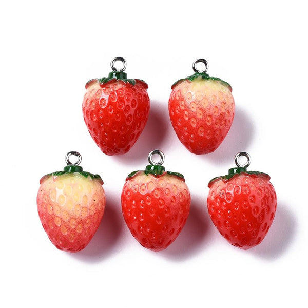 5 Strawberry Resin Charms Pendants 24mm Kawaii Jewellery Making C337