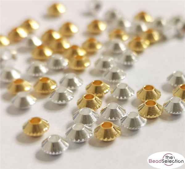 FACETED BICONE SPACER BEADS 4mm 50 PER BAG SILVER OR GOLD