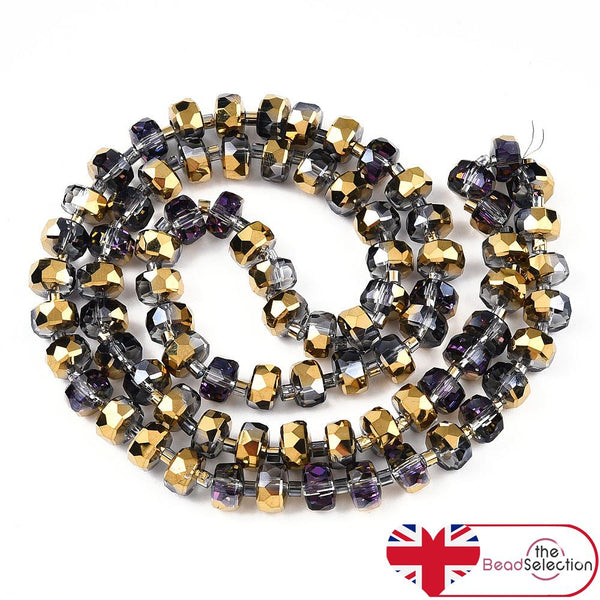 20 FACETED GLASS RONDELLE BEADS 8mm x 5mm AB RAINBOW GOLD DROP PENDANT GLS155