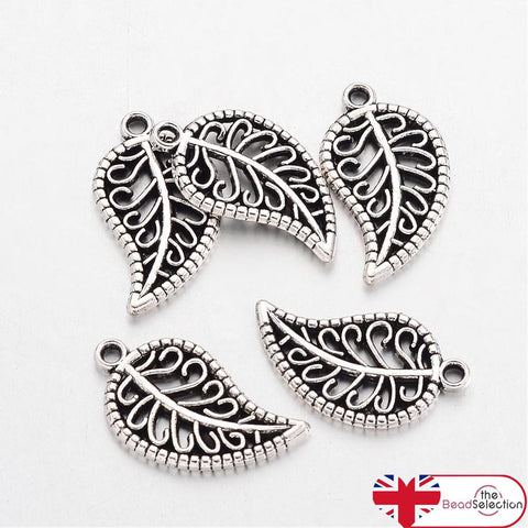 20 FILIGREE LEAF CHARMS PENDANTS BRIGHT TIBETAN SILVER 19mm 3D TOP QUALITY C26