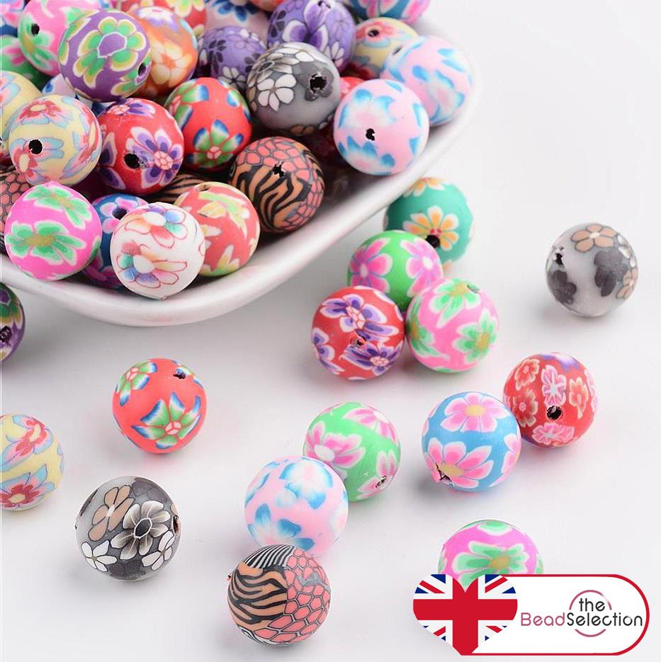 25 FIMO CLAY FLOWER BEAD ROUND 12mm JEWELLERY MAKING MSC1
