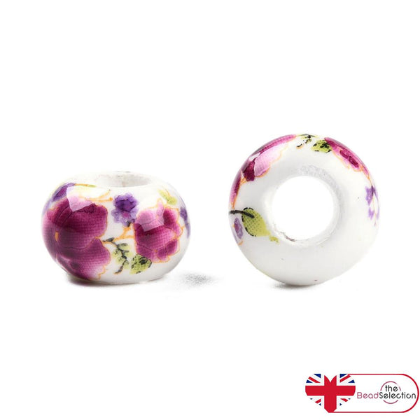 10 ROSE FLOWER PORCELAIN BEADS 13mm PINK PURPLE LARGE HOLE 5mm GLS24