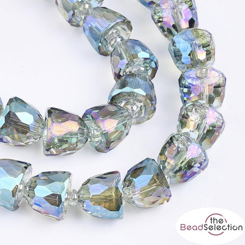 8 FACETED GLASS BELL BEADS 11mm x 9mm AB RAINBOW BLUE DROP PENDANT CHARM GLS117