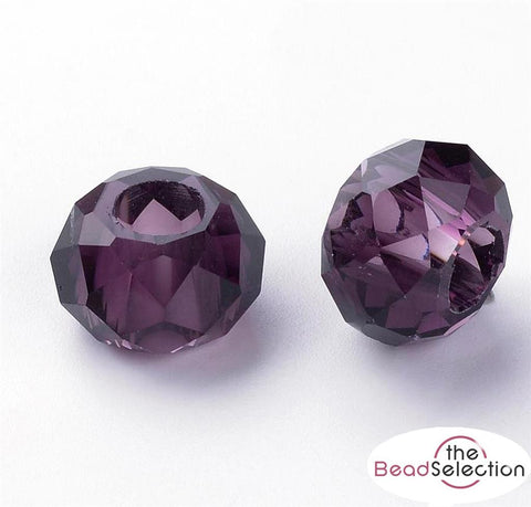 10 FACETED 14mm PURPLE RONDELLE GLASS BEADS LARGE HOLE 5mm TOP QUALITY GLS65