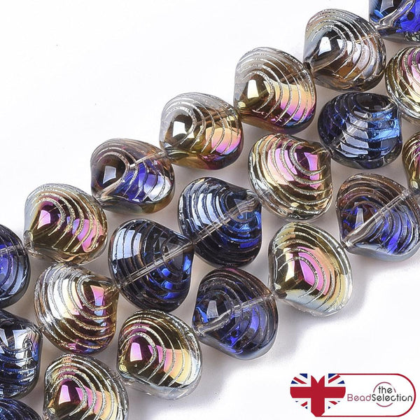 10 Glass Shell Beads 14mm Rainbow Purple Blue AB LUSTRE GLS240