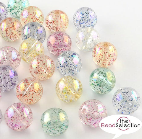 40 ACRYLIC BEADS GLITTER AB RAINBOW LUSTRE ROUND 10mm HOLE 2mm TOP QUALITY ACR61