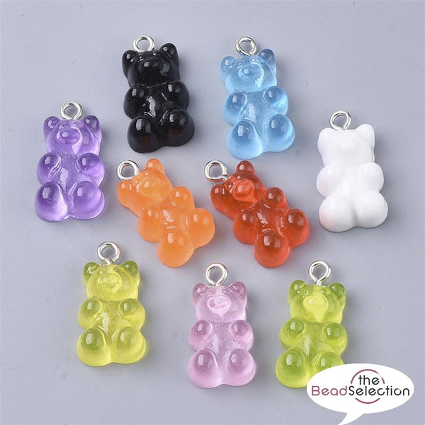 10 RESIN GUMMY BEAR CHARMS PENDANTS 22mm ASSORTED COLOURS JEWELLERY MAKING C292