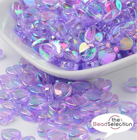 100 LILAC PURPLE 8mm ACRYLIC AB RAINBOW PEARL LUSTRE HEART BEADS ACR111