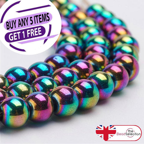 PREMIUM QUALITY 5mm MAGNETIC RAINBOW ROUND HEMATITE BEADS 100 BEADS HEM68
