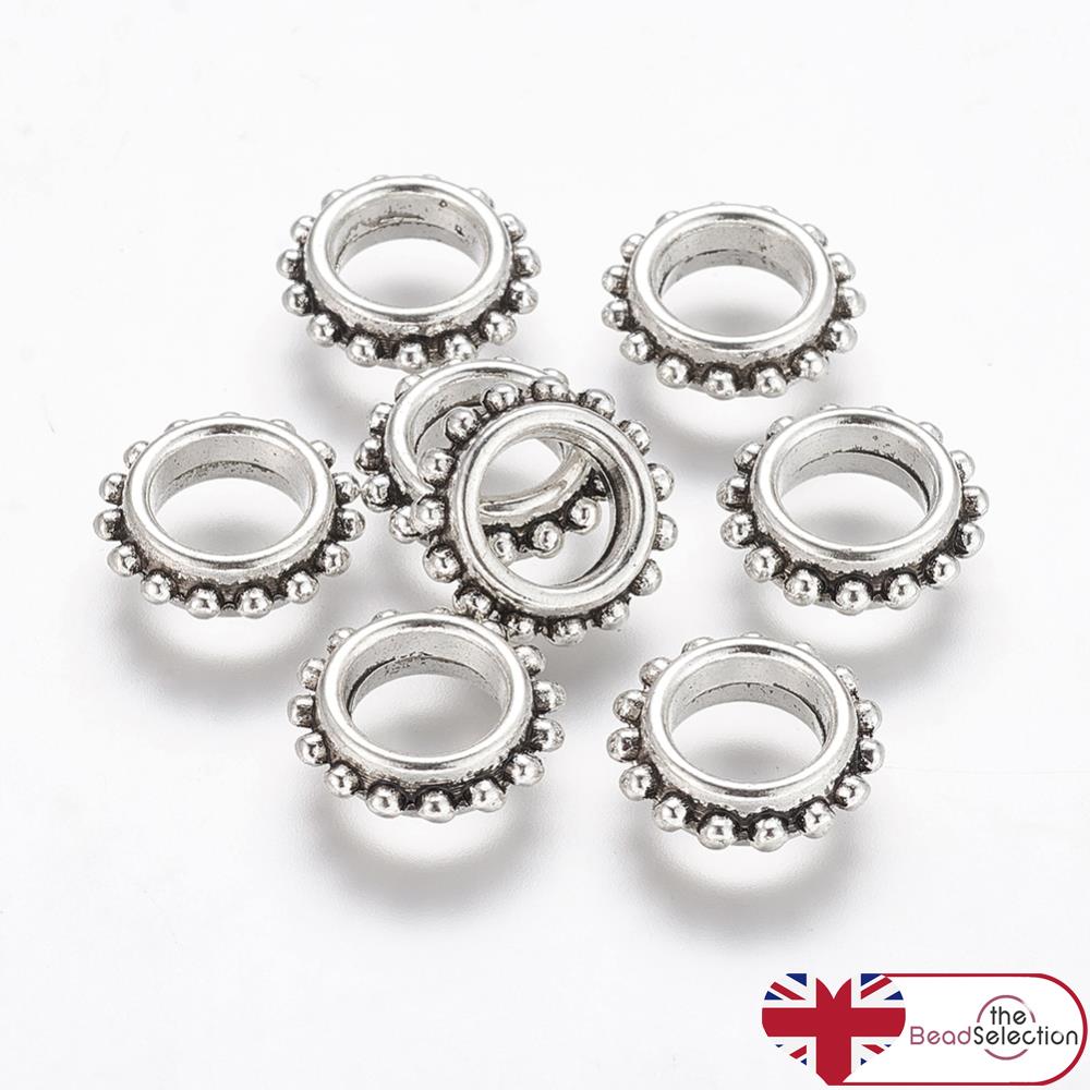 10 TIBETAN SILVER LARGE HOLE SPACER BEADS 13mm x 5mm HOLE 7mm (TS37)