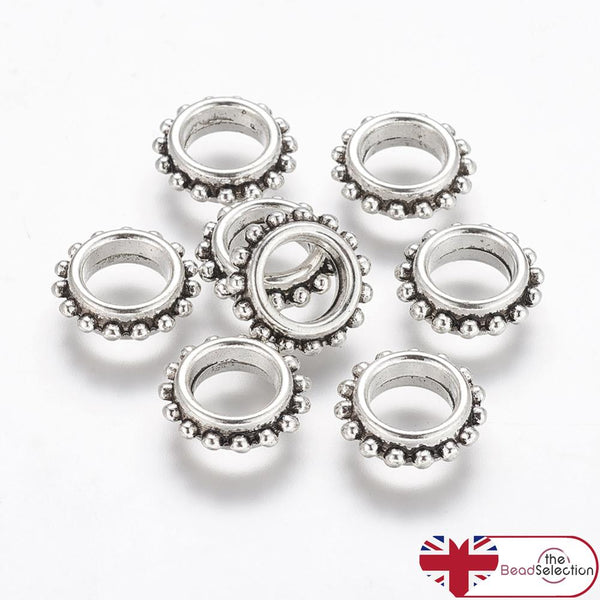 10 TIBETAN SILVER LARGE HOLE SPACER BEADS 13mm x 5mm HOLE 7mm (TS37)