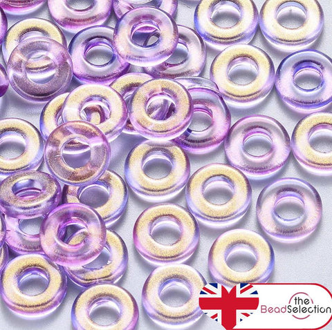20 GLASS ROUND DONUT GLITTER BEADS 10mm LARGE HOLE 4mm TWO TONE LILAC GLS75