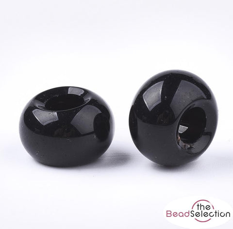 10 GLASS RONDELLE DONUT BEADS 15mm BLACK EUROPEAN LARGE HOLE 5mm GLS82