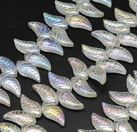 10 LEAF GLASS BEADS METALLIC CLEAR AB RAINBOW 18mm x 9mm TOP QUALITY GLS10