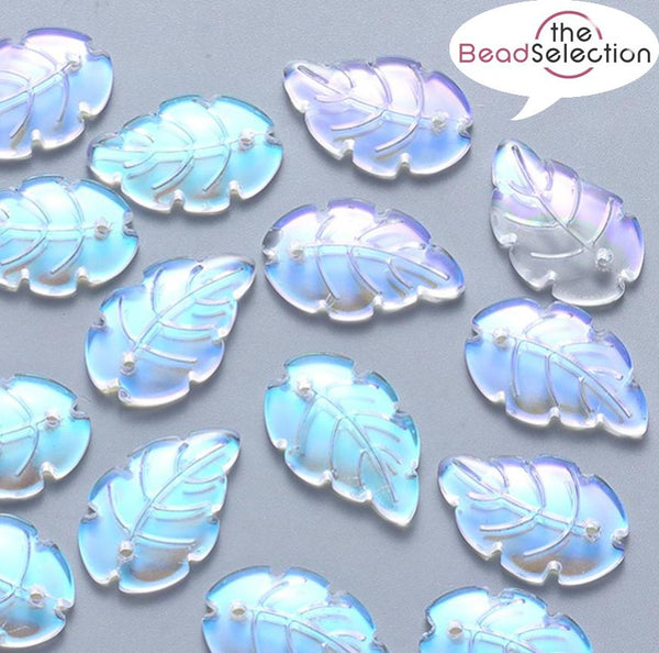 10 Glass Leaf Beads 24mm x 15mm AB Rainbow Pendant Charm Jewellery Making GLS23