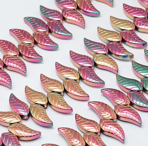 10 LEAF GLASS BEADS METALLIC PINK GOLD AB RAINBOW 18mm Jewellery making GLS11