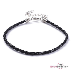 5 FAUX LEATHER BRACELET & LOBSTER CLASP EXTENDER CHAIN BLACK UNISEX MSC44