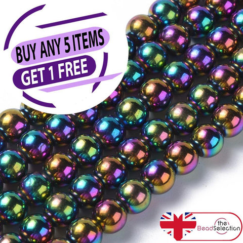 PREMIUM QUALITY 6mm MAGNETIC RAINBOW ROUND HEMATITE BEADS 70 BEADS HEM66