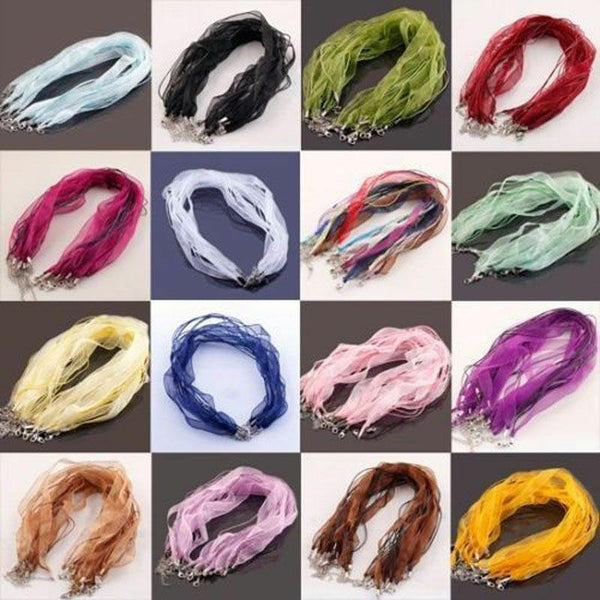 10 ORGANZA RIBBON AND WAXED CORD NECKLACE WITH LOBSTER CLASPS & CHAINS