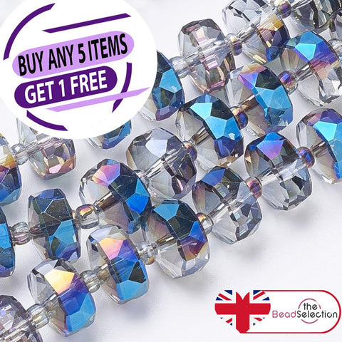 20 FACETED GLASS RONDELLE BEADS 8mm x 5mm BLUE AB RAINBOW DROP PENDANT GLS146