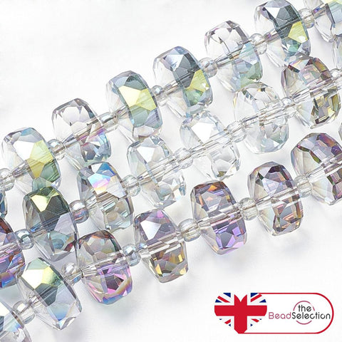 20 FACETED GLASS RONDELLE BEADS 8mm x 5mm AB RAINBOW DROP PENDANT GLS147