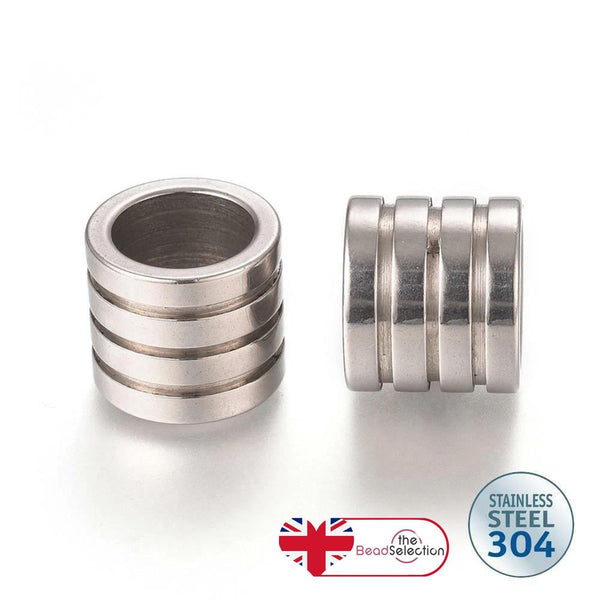 4 STAINLESS STEEL 304 SPACER BEADS 12mm TUBE RIBBED LARGE HOLE 8mm STA9