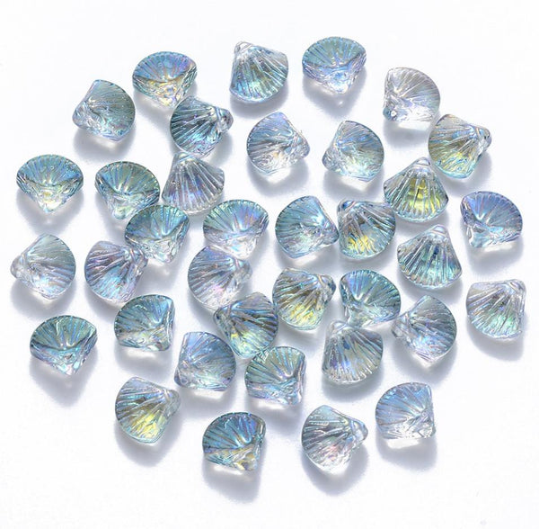 20 GLASS SHELL BEADS 10mm x 8mm AB RAINBOW PENDANT CHARM jewellery making GLS26