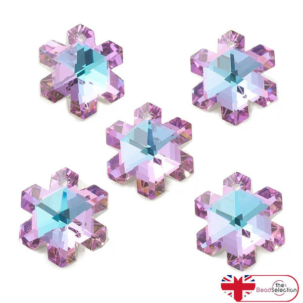 2 PENDANT SNOWFLAKE FACETED CRYSTAL GLASS BEADS 20mm PLUM RAINBOW  GLS152