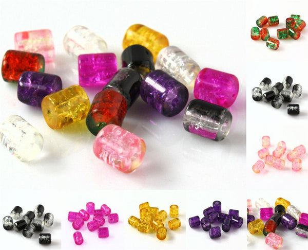 TOP QUALITY TUBE CRACKLE GLASS BEADS 8mm x 7mm 50 PER BAG COLOUR CHOICE