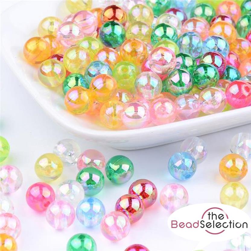 100 ACRYLIC TRANSLUCENT AB RAINBOW PEARL ROUND 8mm BEADS MIXED COLOURS ACR29