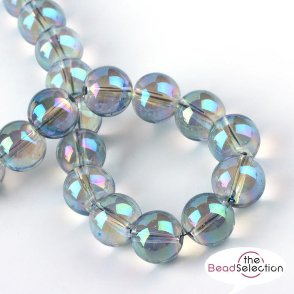 50 CLEAR 'AB CYAN RAINBOW LUSTRE ROUND GLASS BEADS 10mm JEWELLERY MAKING GLS105