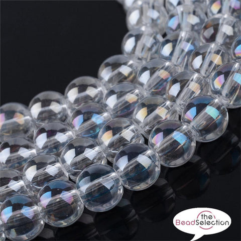 50 CLEAR 'AB' RAINBOW LUSTRE ROUND GLASS BEADS 10mm JEWELLERY MAKING GLS107