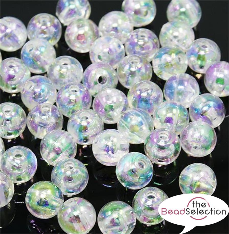 CLEAR 'AB' RAINBOW LUSTRE ROUND ACRYLIC BEADS 8mm 100 Per Bag TOP QUALITY ACR12