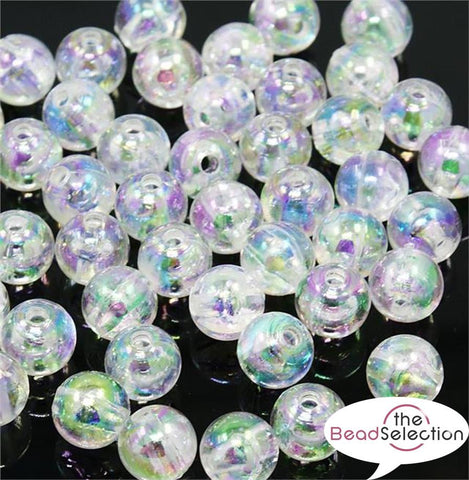 50 CLEAR 'AB' RAINBOW LUSTRE ROUND ACRYLIC BEADS 10mm TOP QUALITY ACR12A