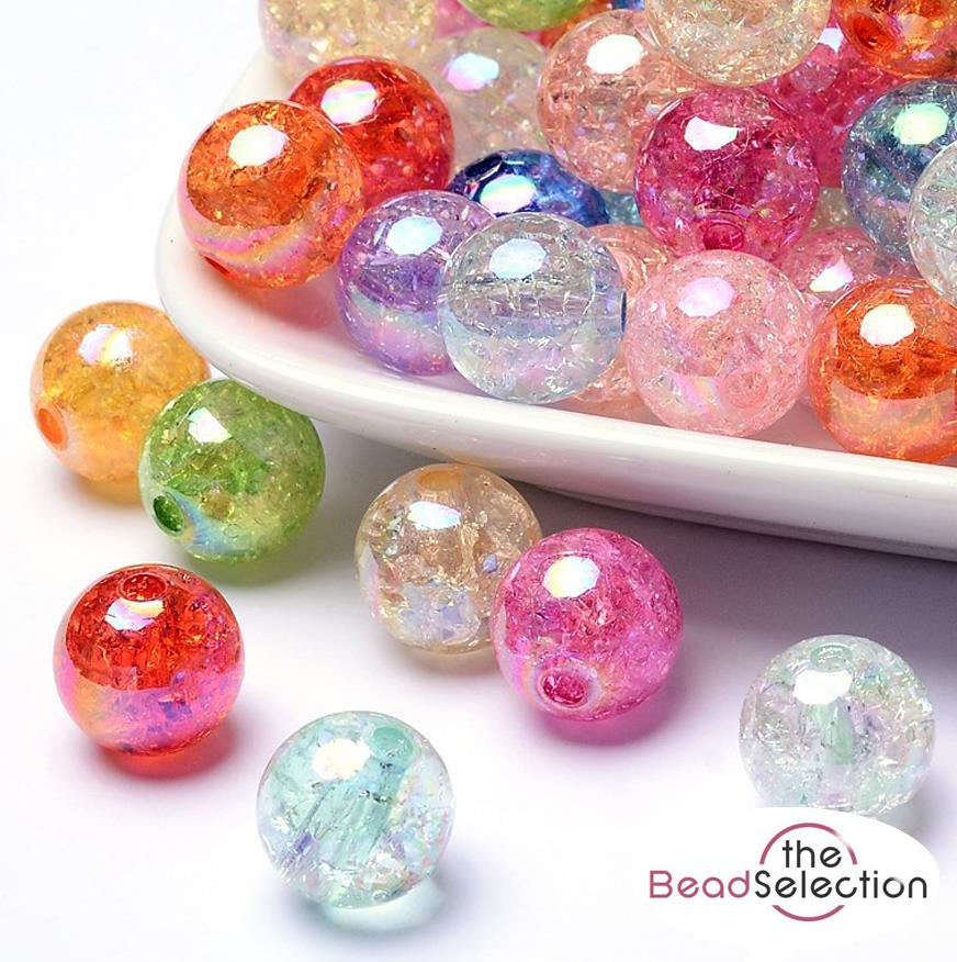 50 ROUND ACRYLIC CRACKLE BEADS 10mm AB LUSTRE MIXED COLOURS TOP QUALITY ACR59