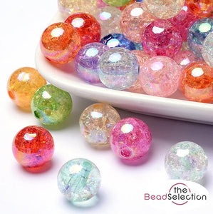 50 ROUND ACRYLIC CRACKLE BEADS 10mm AB LUSTRE MIXED COLOURS TOP QUALITY ACR59