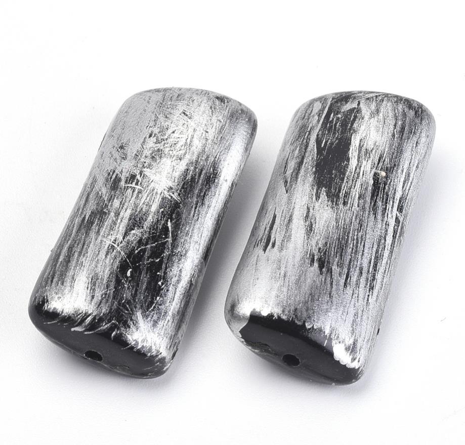 10 LARGE ACRYLIC FOCAL BEADS OBLONG 28mm x 17mm SILVER BLACK TOP QUALITY ACR153