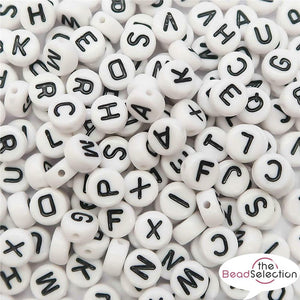 100 ALPHABET ACRYLIC BEADS WHITE 7mm FLAT ROUND SINGLE & MIXED LETTER A - Z