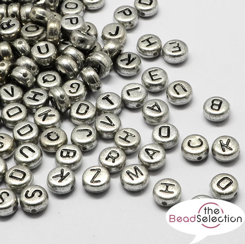 100 SILVER ACRYLIC MIXED ALPHABET BEADS 7mm ROUND ACR167