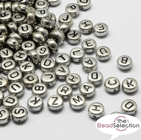 100 SILVER ACRYLIC MIXED ALPHABET BEADS 7mm ROUND ACR167