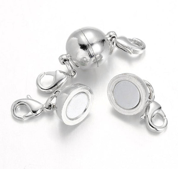 5 Magnetic Clasps With Lobster Clasp Round Ball 15mm Very Strong Silver AF46