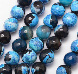 25 PREMIUM QUALITY NATURAL FIRE AGATE FACETED ROUND BEADS BLACK BLUE 8mm GS11