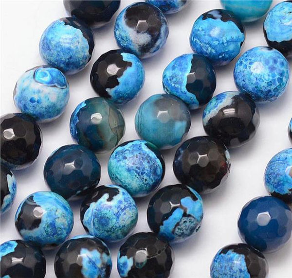 20 PREMIUM QUALITY NATURAL FIRE AGATE FACETED ROUND BEADS BLACK BLUE 10mm GS12