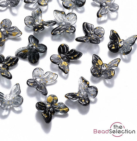 20 BLACK GOLD GLITTER BUTTERFLY GLASS CHARMS BEADS 10mm TOP QUALITY GLS20