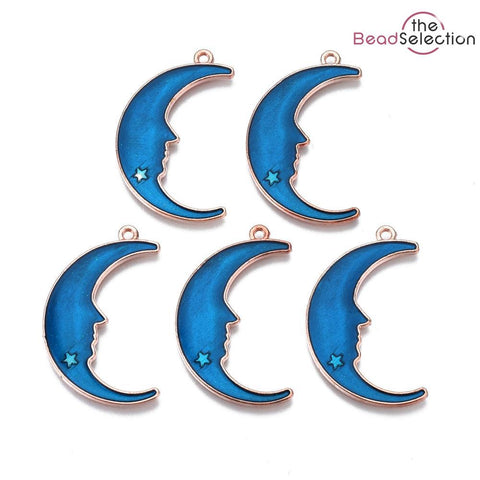 5 LARGE BLUE MOON ENAMEL CHARM PENDANTS GOLD PLATED 32mm TOP QUALITY C277