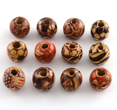 40 per bag 13mm ROUND WOODEN BEADS BOHO PATTERNED MIX 4mm HOLE