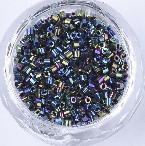 2mm BUGLE SEED BEADS METALLIC AB RAINBOW GLASS 800 beads 10gm