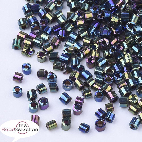 2mm BUGLE SEED BEADS METALLIC AB RAINBOW GLASS 800 beads 10gm