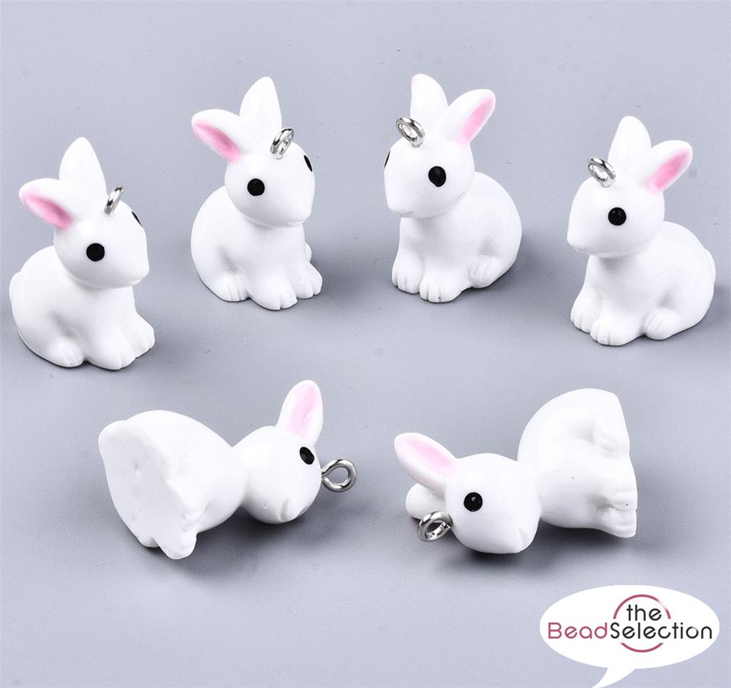 10 WHITE BUNNY RABBIT 3D RESIN CHARMS PENDANTS 24mm  JEWELLERY MAKING C294